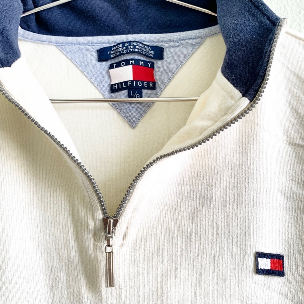 VINTAGE TOMMY HILFIGER short sleeve zip up polo shirt top large 90s prep cotton